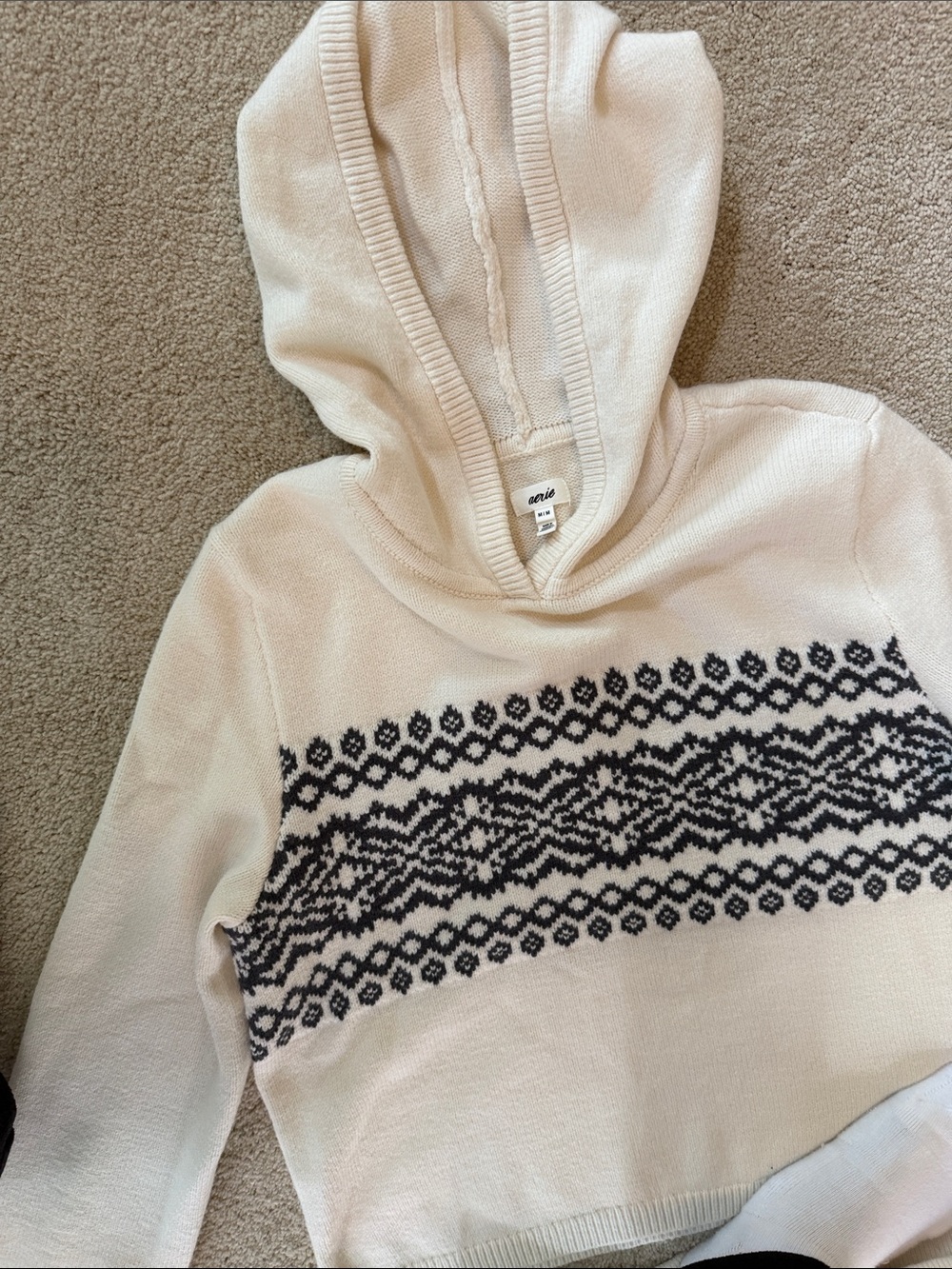 aerie Cream Knit Hoodie Set with Black Fair Isle Trim - Picture 6 of 10